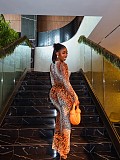 Sexy Round Neck Long-sleeved Leopard Print Slim-fit Stretchy Long Dress XINH-81027