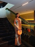 Sexy Round Neck Long-sleeved Leopard Print Slim-fit Stretchy Long Dress XINH-81027