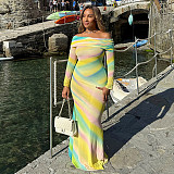 Sexy Strapless Off-the-shoulder Long-sleeved Printed Color-block Bodycon Dress JY-303655