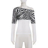 Casual Zebra Print Color-block Off-the-shoulder Long-sleeved T-shirt Top MRA-45598