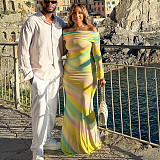 Sexy Strapless Off-the-shoulder Long-sleeved Printed Color-block Bodycon Dress JY-303655