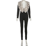 Stylish and Sexy Deep V-neck Patchwork Long-sleeved Jumpsuit XS-79471