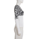 Casual Zebra Print Color-block Off-the-shoulder Long-sleeved T-shirt Top MRA-45598
