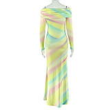 Sexy Strapless Off-the-shoulder Long-sleeved Printed Color-block Bodycon Dress JY-303655