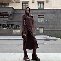 Stylish Solid-color Hooded Long-sleeved Top and Slim-fit Flared Pants Set XS-81259 Stylish Solid-color Hooded Long-sleeved Top and Slim-fit Flared Pants Set XS-81259