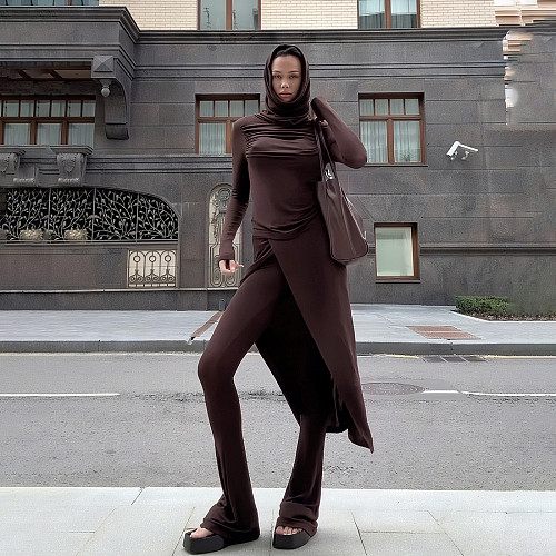 Stylish Solid-color Hooded Long-sleeved Top and Slim-fit Flared Pants Set XS-81259