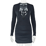 2025 Sexy and Elegant Deep V-neck Curve-hugging Long-sleeved Bodycon Dress JY-303730