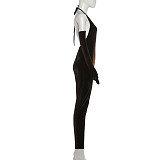 Sexy and Stylish Solid-color Deep V-neck Low-cut Tight-fitting Jumpsuit (with gloves) ZJQD-89748
