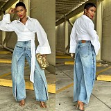 Fashionable Washed Denim Straight-leg Loose-fitting Spliced ​​Two-piece Look Jeans RS-2570