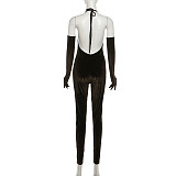 Sexy and Stylish Solid-color Deep V-neck Low-cut Tight-fitting Jumpsuit (with gloves) ZJQD-89748