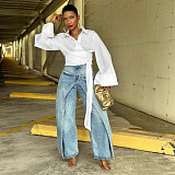 Fashionable Washed Denim Straight-leg Loose-fitting Spliced ​​Two-piece Look Jeans RS-2570