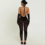 Sexy and Stylish Solid-color Deep V-neck Low-cut Tight-fitting Jumpsuit (with gloves) ZJQD-89748