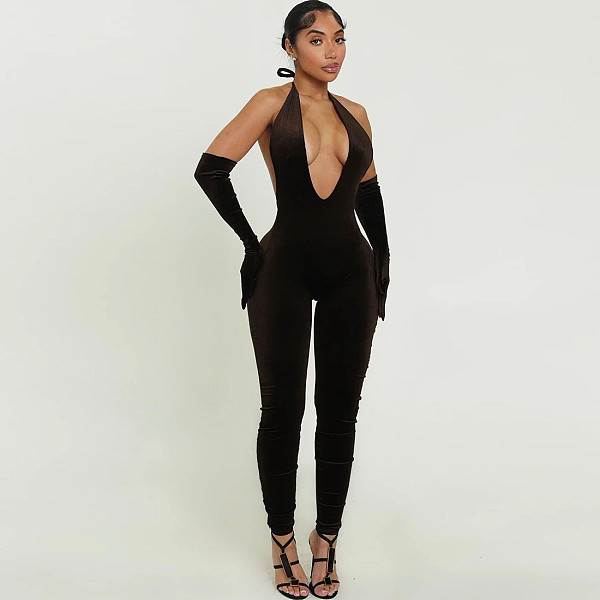 Sexy and Stylish Solid-color Deep V-neck Low-cut Tight-fitting Jumpsuit (with gloves) ZJQD-89748