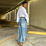 Fashionable Washed Denim Straight-leg Loose-fitting Spliced ​​Two-piece Look Jeans RS-2570