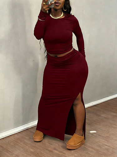New arrival Plus-size solid Color Long-sleeved Top and Bodycon Skirt Two-piece Set NNWY-8161