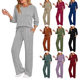 Stylish and Casual Loose-fitting Round-neck Top and Ribbed Straight-leg Pants Two-piece Set YZY-6681