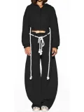 Casual Hooded Top and Wide-leg Pants Two-piece Set With Drawstring Ties RS-25072