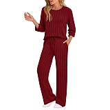 Stylish and Casual Loose-fitting Round-neck Top and Ribbed Straight-leg Pants Two-piece Set YZY-6681