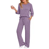 Stylish and Casual Loose-fitting Round-neck Top and Ribbed Straight-leg Pants Two-piece Set YZY-6681