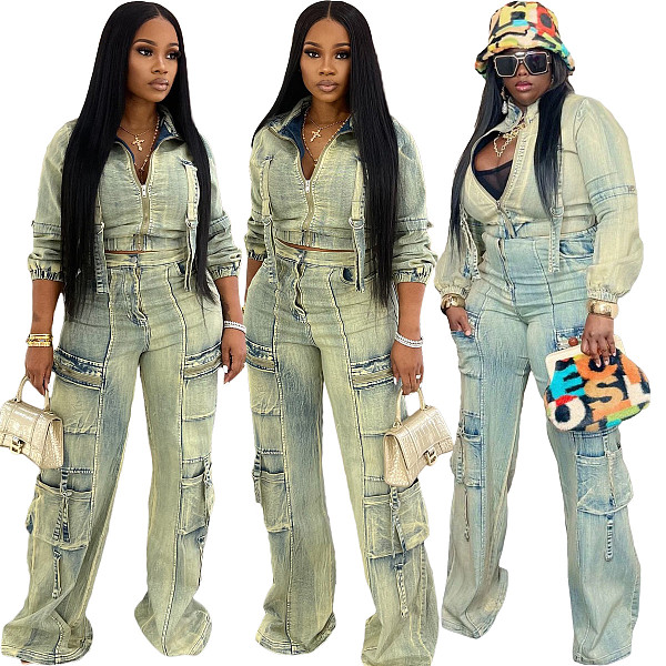 Stylish Sexy High-elastic Multi-pocket Washed Denim Women Two-piece Set NIYA-8182