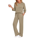 Stylish and Casual Loose-fitting Round-neck Top and Ribbed Straight-leg Pants Two-piece Set YZY-6681