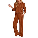Stylish and Casual Loose-fitting Round-neck Top and Ribbed Straight-leg Pants Two-piece Set YZY-6681