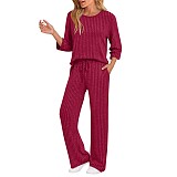 Stylish and Casual Loose-fitting Round-neck Top and Ribbed Straight-leg Pants Two-piece Set YZY-6681