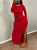 New arrival Plus-size solid Color Long-sleeved Top and Bodycon Skirt Two-piece Set NNWY-8161
