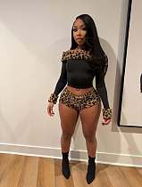 Sexy Plush Patchwork Leopard Print Slim-fit Off-the-shoulder Long-sleeved Top and Shorts Set XS-1966