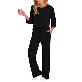 Stylish and Casual Loose-fitting Round-neck Top and Ribbed Straight-leg Pants Two-piece Set YZY-6681