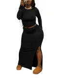 New arrival Plus-size solid Color Long-sleeved Top and Bodycon Skirt Two-piece Set NNWY-8161