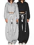 Casual Hooded Top and Wide-leg Pants Two-piece Set With Drawstring Ties RS-25072