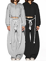 Casual Hooded Top and Wide-leg Pants Two-piece Set With Drawstring Ties RS-25072