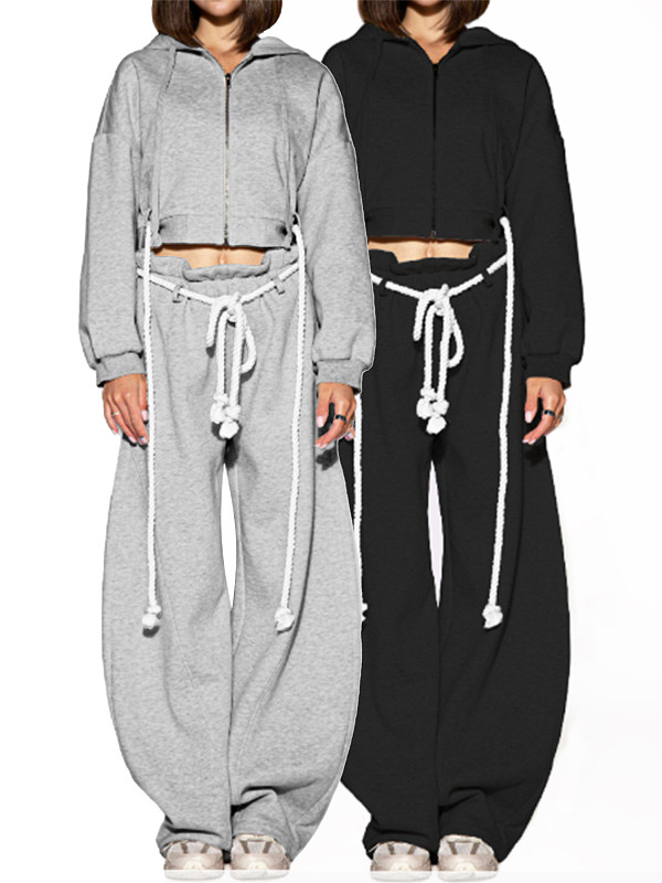 Casual Hooded Top and Wide-leg Pants Two-piece Set With Drawstring Ties RS-25072