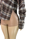 Stylish Plaid Casual V-neck Shirt With Folded Sleeves and Side Slits RS-25070
