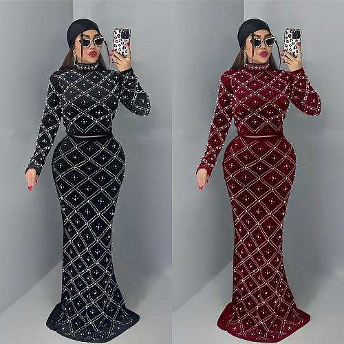 Stylish and Elegant Two-piece Set Featuring A Top With Hotfix Rhinestones and A Long Skirt BY-7618