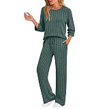 Stylish and Casual Loose-fitting Round-neck Top and Ribbed Straight-leg Pants Two-piece Set YZY-6681