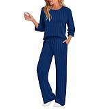 Stylish and Casual Loose-fitting Round-neck Top and Ribbed Straight-leg Pants Two-piece Set YZY-6681