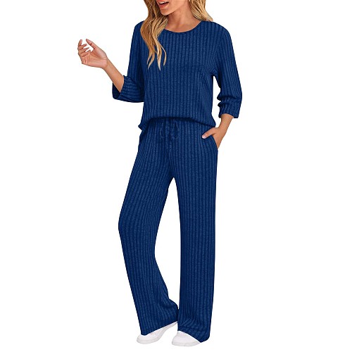 Stylish and Casual Loose-fitting Round-neck Top and Ribbed Straight-leg Pants Two-piece Set YZY-6681