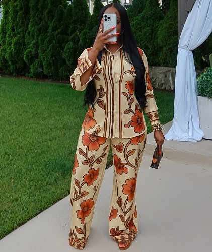 Lapel Printed Long-sleeved Shirt For Women African Wide-leg Trousers Two Piece Set QZ-7007