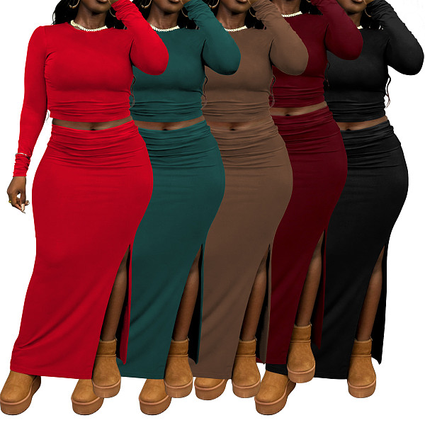 New arrival Plus-size solid Color Long-sleeved Top and Bodycon Skirt Two-piece Set NNWY-8161