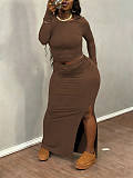 New arrival Plus-size solid Color Long-sleeved Top and Bodycon Skirt Two-piece Set NNWY-8161