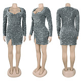 Sexy Sequined Split-hem Mini Bodycon Dress  NY-3365