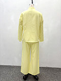Casual Solid Yellow Pleated Bow Top And Straight Leg Pants Two Pieces QZ-7169