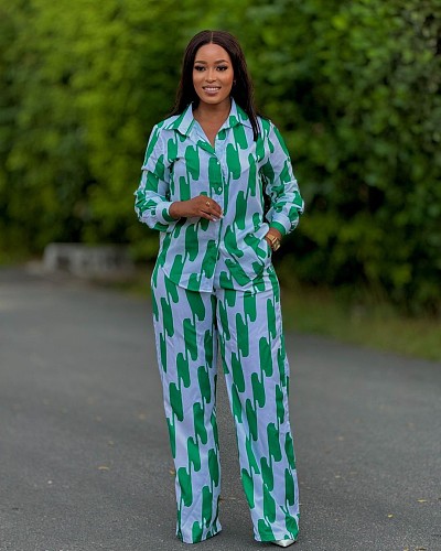 African Women Loose Long-sleeved Shirt For Spring Autumn Long Pants Amazon Two Pieces QZ-1889
