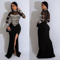 Sexy Rhinestone Embellished See-Through Mesh Patchwork Slim-Fit Slit Stretch Dress NY-3367