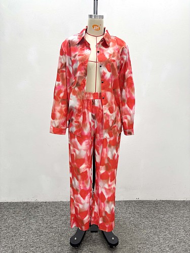 Printed Shirt Fashion Wide Leg Pants Casual Slimming Suit For Women QZ-5369