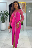 Sexy Rhinestone Embellished See-Through Patchwork Slit Dress NY-3369