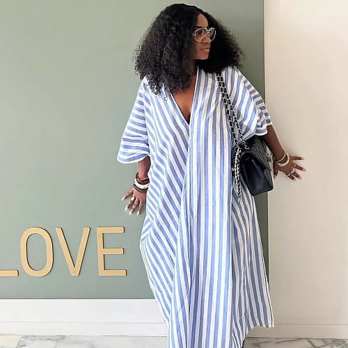 Loose Long Striped V-neck Dress For Women African Chic For Summer QZ-7245