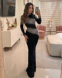 Sexy Rhinestone Embellished Backless Stretch Bodycon Sheer Dress NY-3352
